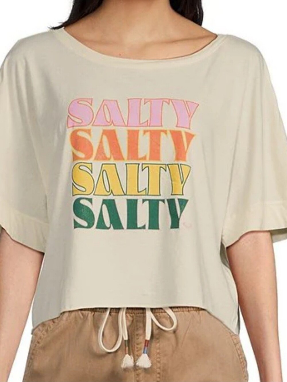 Roxy Cream Crop Tee with Multicolor 'SALTY' Stack Print